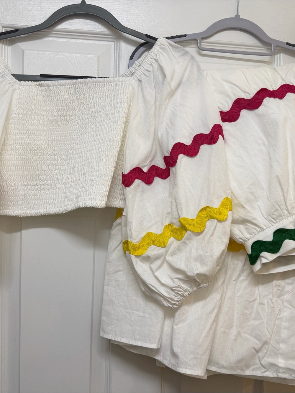 White Peasant Blouse with Pink, Yellow & Green Rickrack - Picture 1 of 1